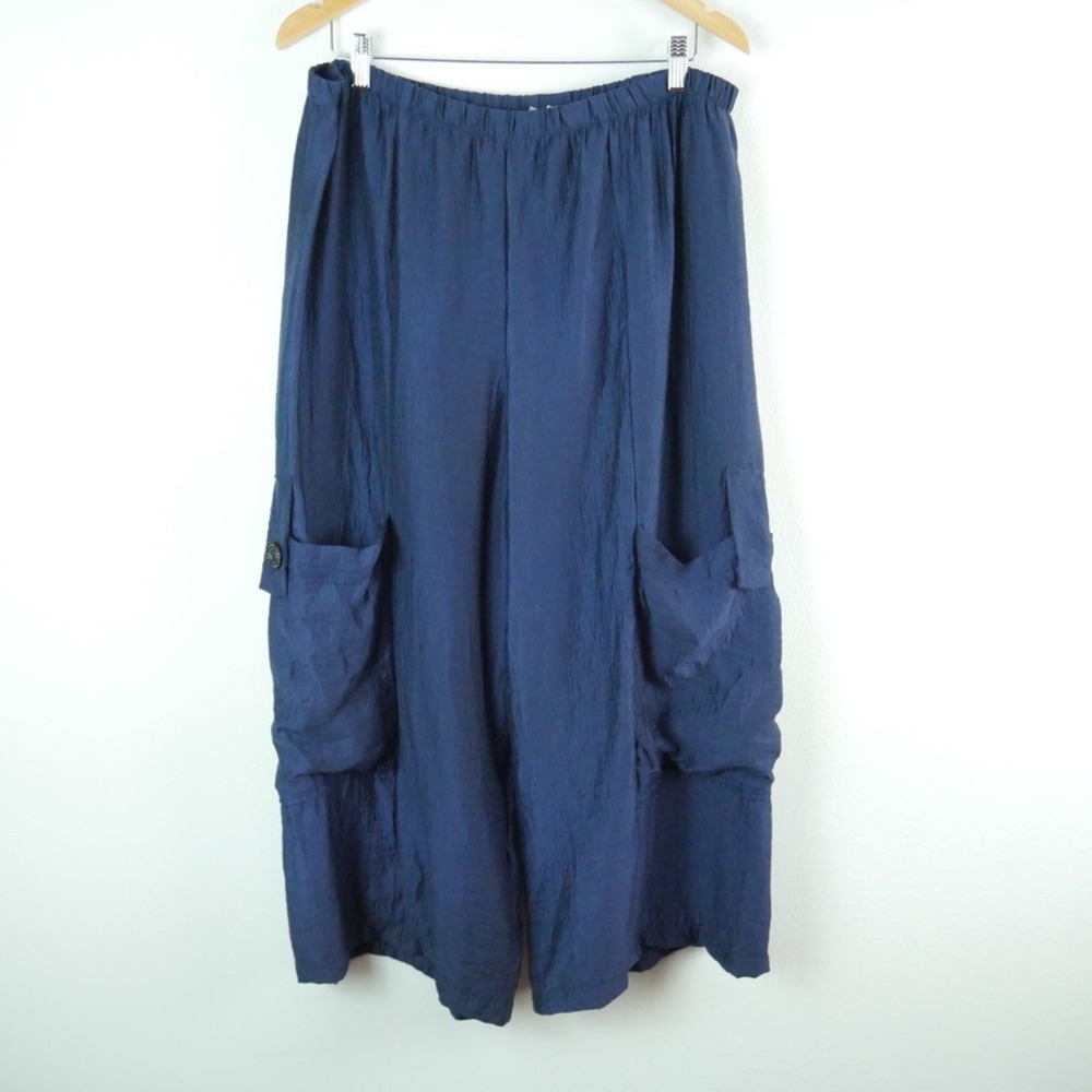 Niche Nilgun Derman Navy Blue Wide Leg Crop Cargo Pants XL Textured Lagenlook